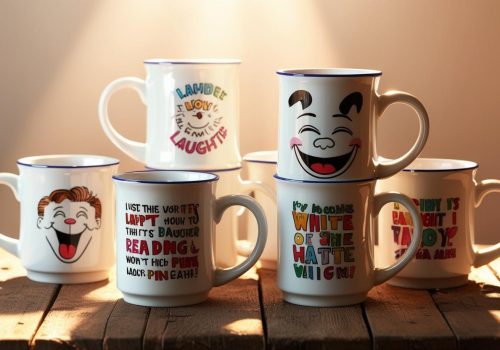 białe kubki ze śmiesznymi nadrukami
